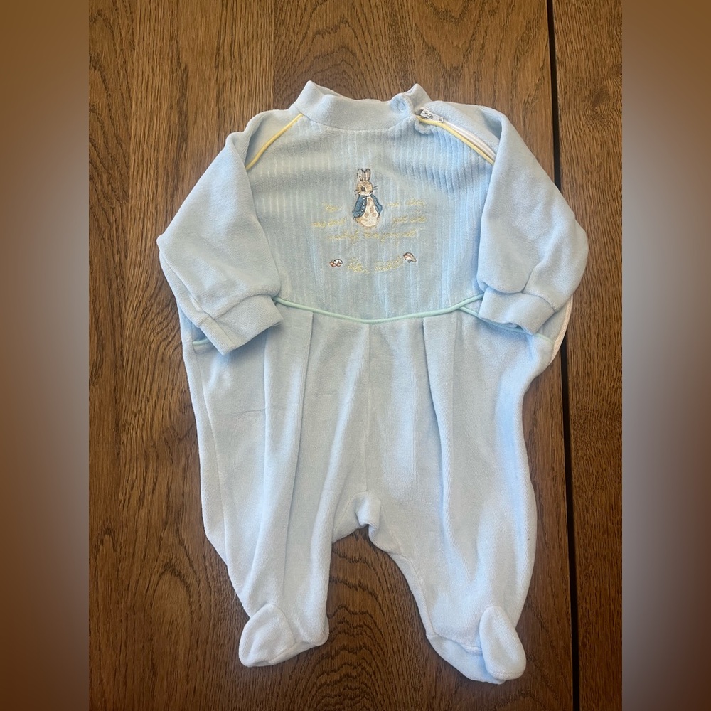Vintage Beatrix Potter Peter Rabbit Baby Blue Footed One-Piece Sleepsuit
